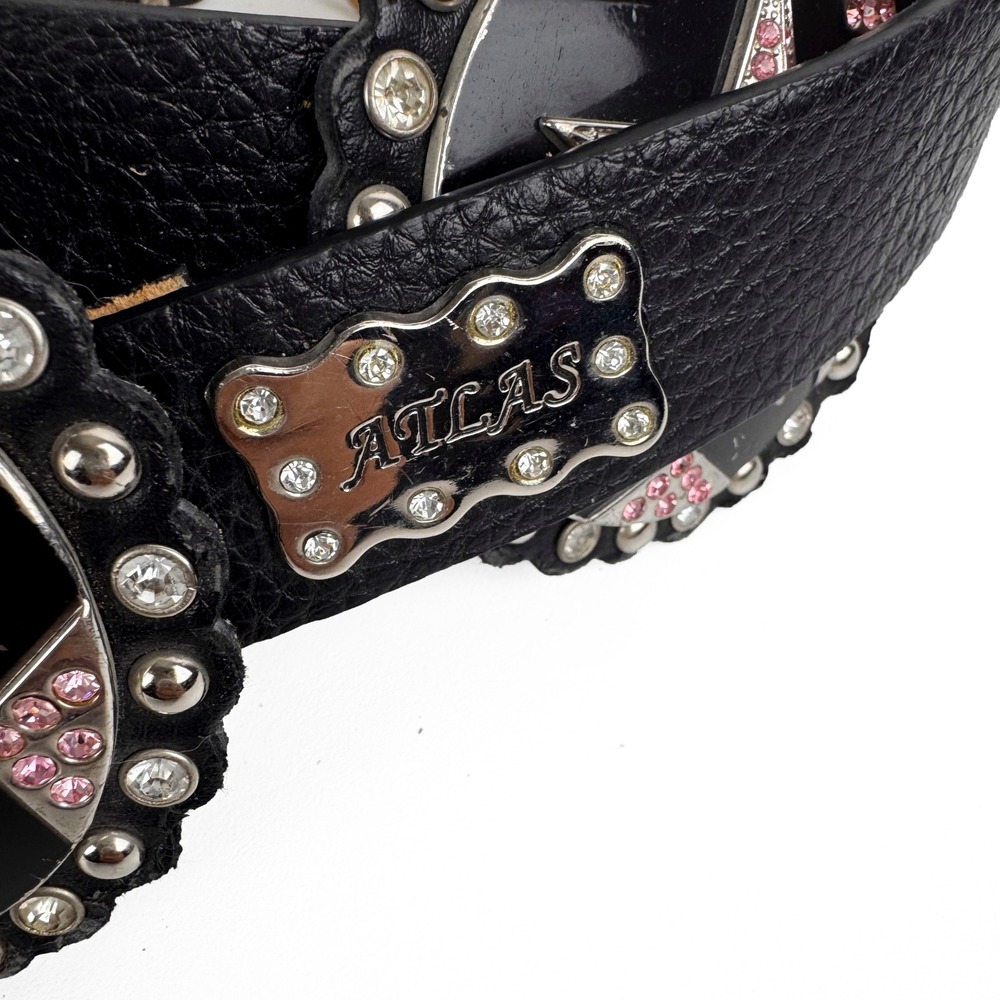 Atlas Black Leather Rhinestone Cross Starburst Concho Belt Pink Silver Western